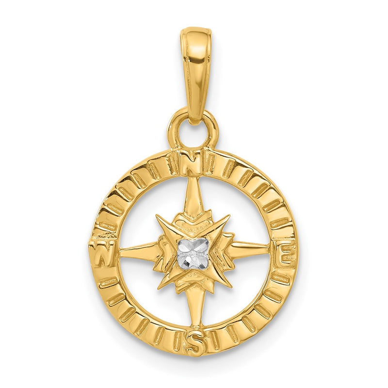 14K Yellow Gold and Rhodium Diamond-cut Compass Pendant