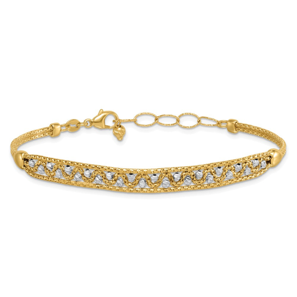 14K Two-Tone Gold Textured Diamond-cut 7mm Beaded Chain Bracelet Plus Extender