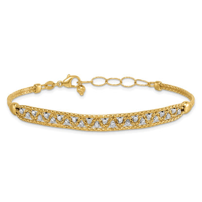 14K Two-Tone Gold Textured Diamond-cut 7mm Beaded Chain Bracelet Plus Extender
