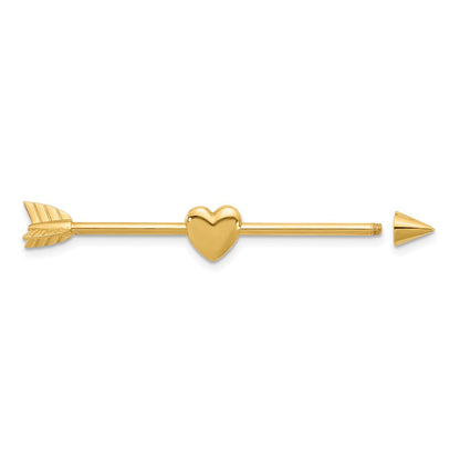 14K Yellow Gold 14 Gauge Polished Arrow with Heart Industrial Body Jewelry