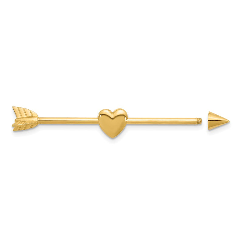 14K Yellow Gold 14 Gauge Polished Arrow with Heart Industrial Body Jewelry