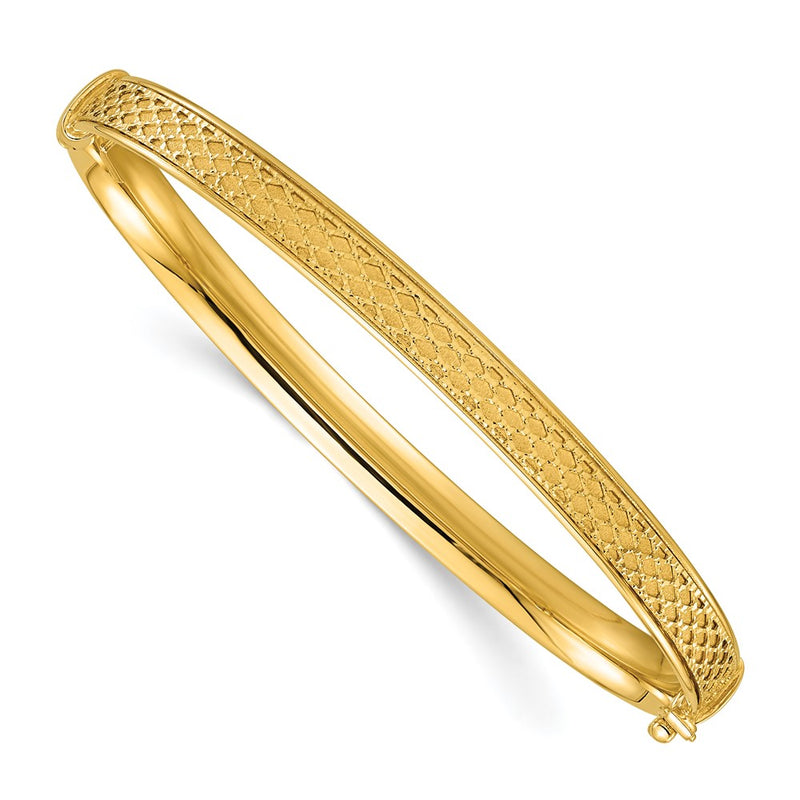 14K Yellow Gold Polished Brushed and Textured 6.00mm Hinged Oval Bangle Bracelet