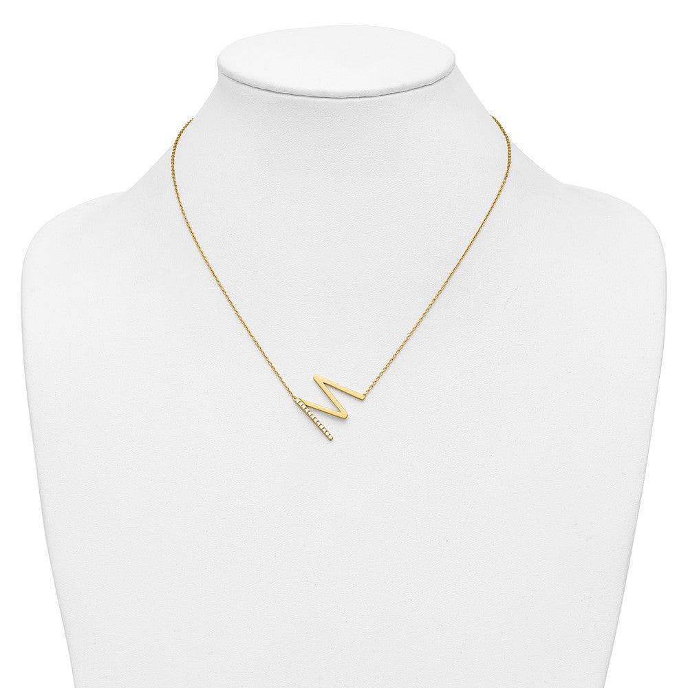 14K Yellow Gold Sideways Diamond Initial M 18 Inch Necklace