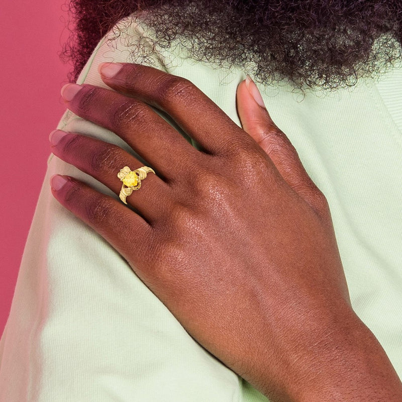 14K Yellow Gold November CZ Heart Birthstone Claddagh Ring