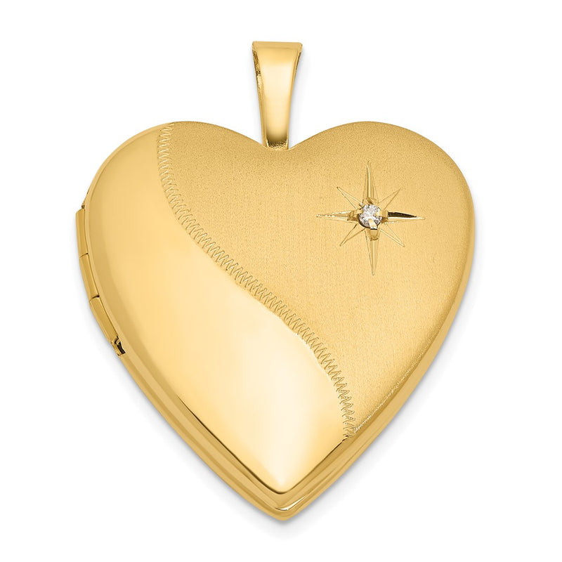 14K Yellow Gold Satin and Polished Diamond Star 20mm Heart Locket