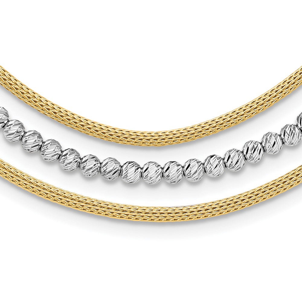 14K Two-Tone Gold Two-tone Diamond-cut Beads and Mesh Chain 3-Strand Bib 15.75 Inch Necklace Plus 2 Inch Extender