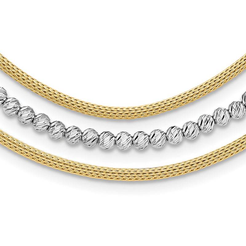 14K Two-Tone Gold Two-tone Diamond-cut Beads and Mesh Chain 3-Strand Bib 15.75 Inch Necklace Plus 2 Inch Extender