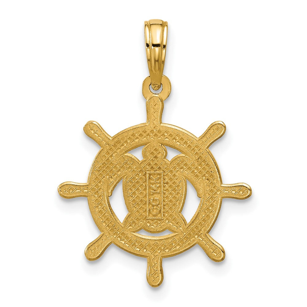 14K Yellow Gold Polished Turtle in Ships Wheel Pendant
