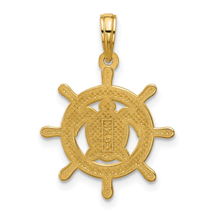 14K Yellow Gold Polished Turtle in Ships Wheel Pendant