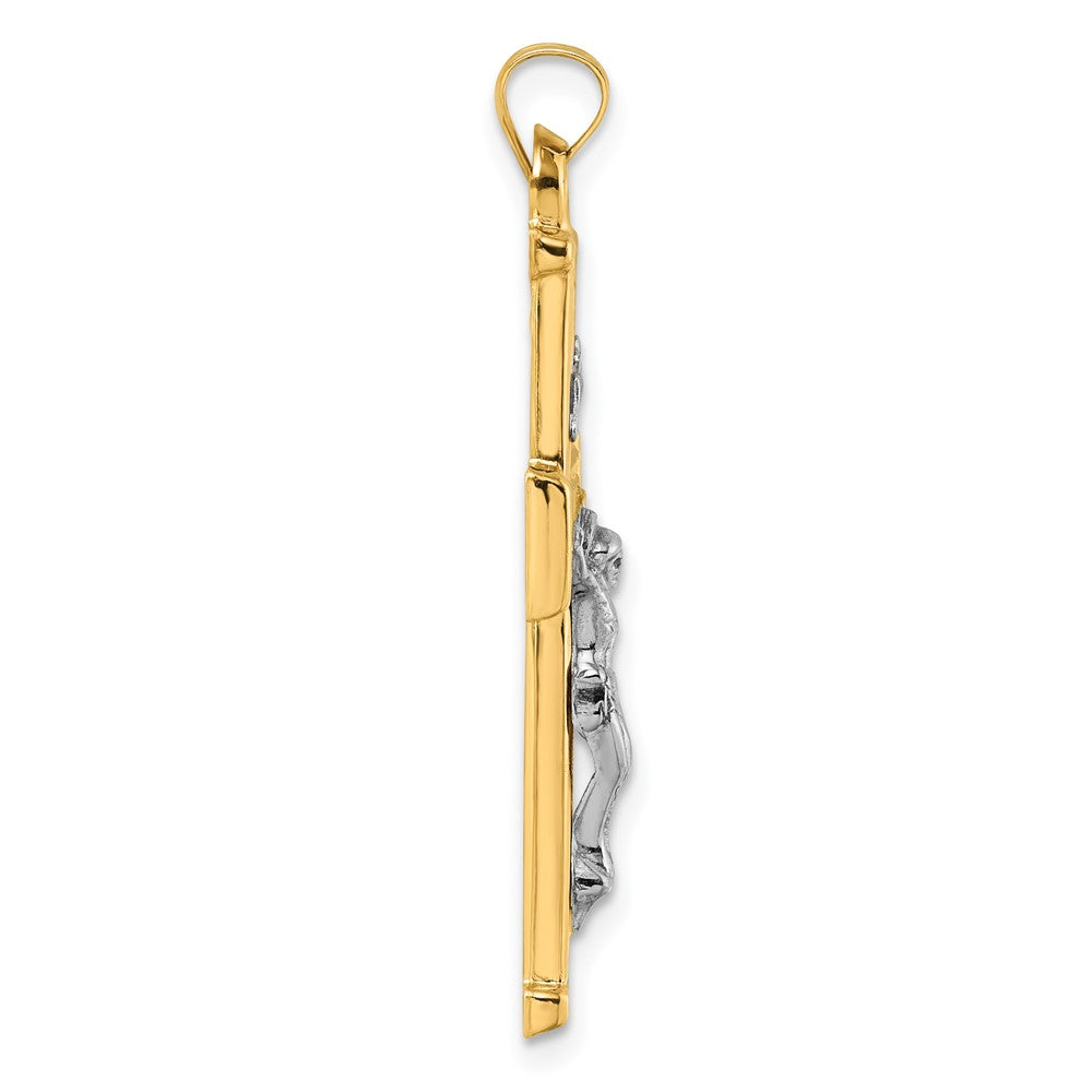 14K Yellow Gold with Rhodium Polished and Textured INRI Crucifix Cross Pendant