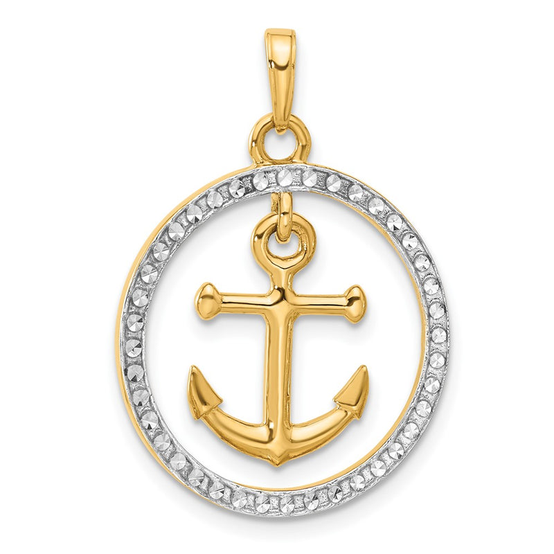 14K Yellow Gold and Rhodium Diamond-cut Anchor Dangle in Circle Pendant