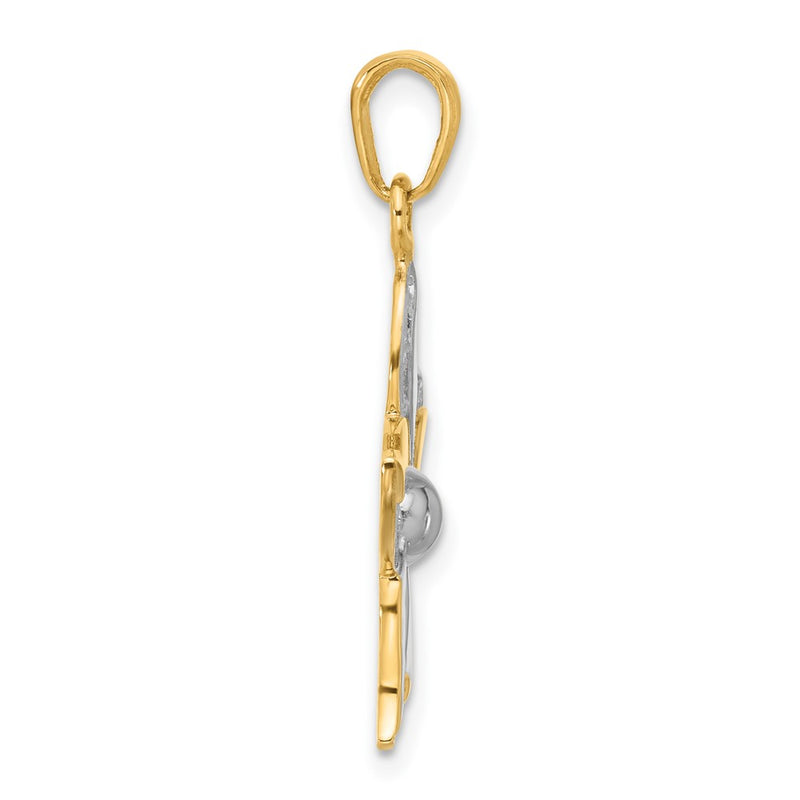14K Yellow Gold and Rhodium Filigree Flower Pendant