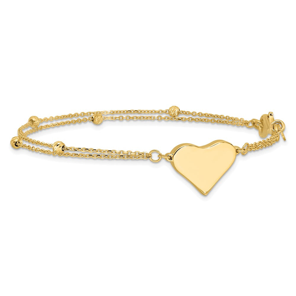 14K Yellow Gold Polished 11x18mm Heart and Diamond-cut Beaded 2-Strand Chain Bracelet