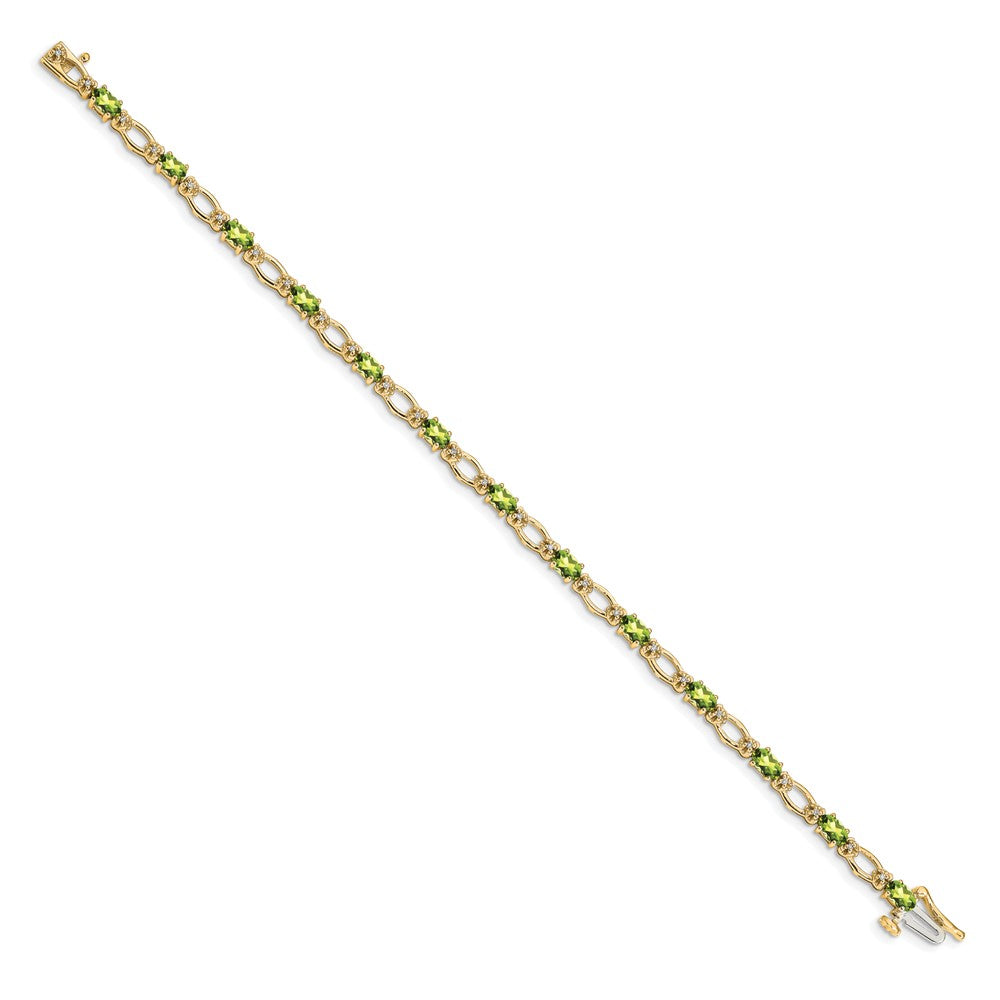 14K Yellow Gold Complete Diamond and Oval Peridot Heart Accent 7 Inch Bracelet