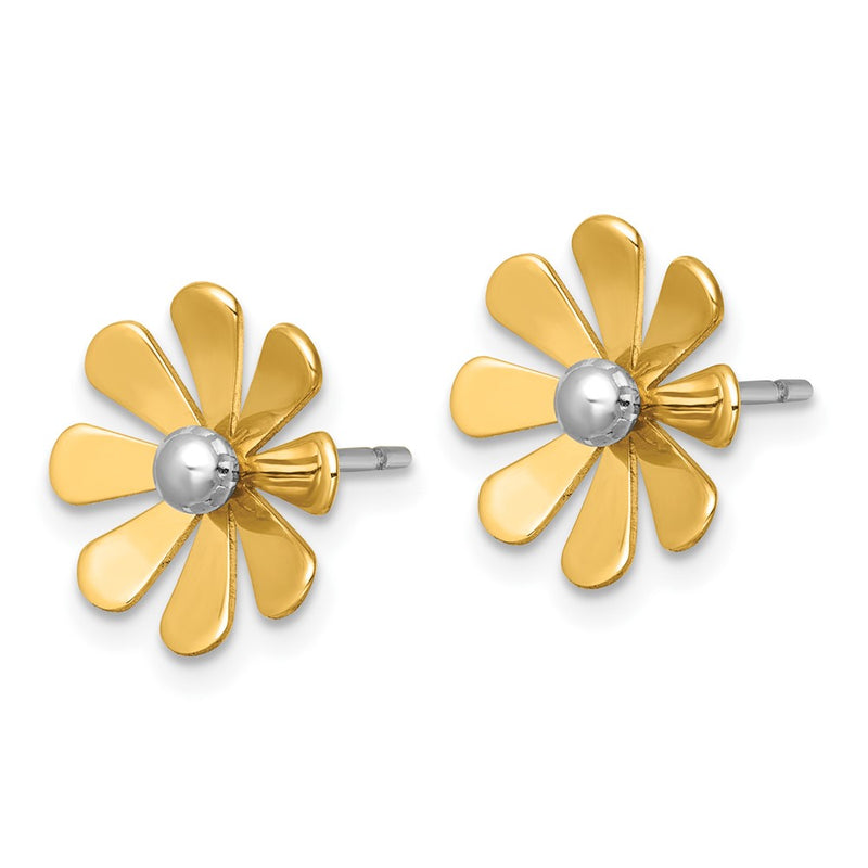 14K Yellow Gold Polished Daisy with Rhodium Center Post Earrings