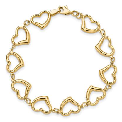 14K Yellow Gold Polished Open Heart Link 7 Inch Bracelet