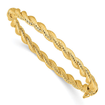 14K Yellow Gold Polished and Textured 5.50mm Twisted Hinged Oval Bangle Bracelet