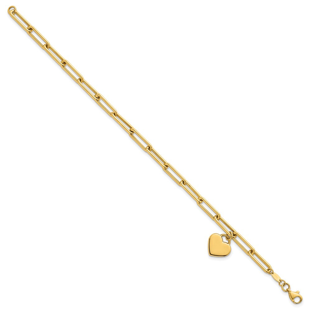 14K Yellow Gold Polished Flat Dangle 11mm Heart Paperclip Link 7.5 Inch Bracelet