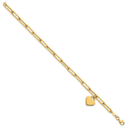 14K Yellow Gold Polished Flat Dangle 11mm Heart Paperclip Link 7.5 Inch Bracelet