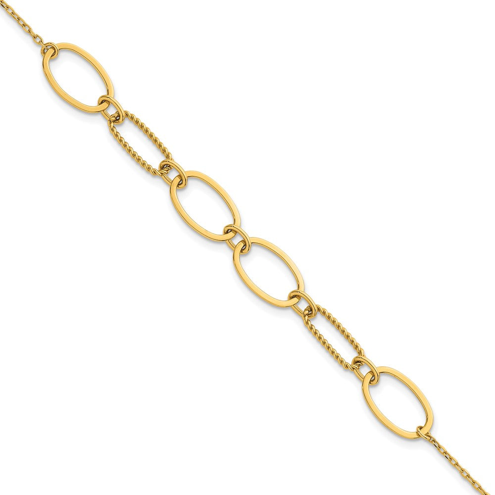 14K Yellow Gold Polished And Twisted 9.5mm Oval Links 6.75 Inch Bracelet Plus 0.5 Inch Extender