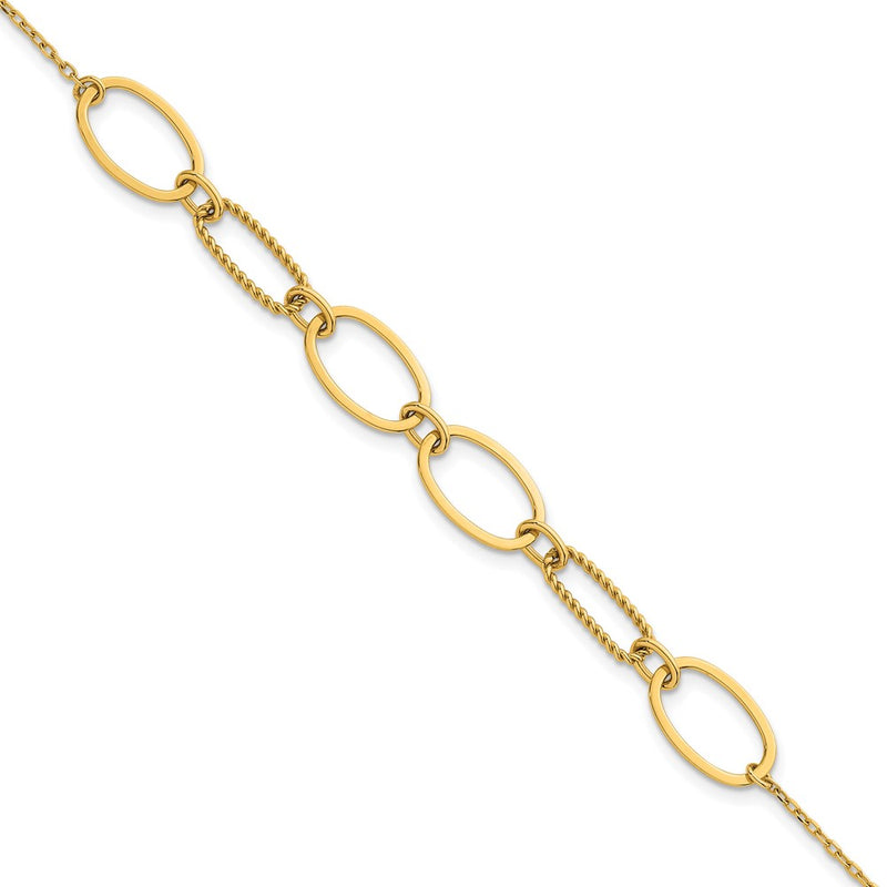 14K Yellow Gold Polished And Twisted 9.5mm Oval Links 6.75 Inch Bracelet Plus 0.5 Inch Extender