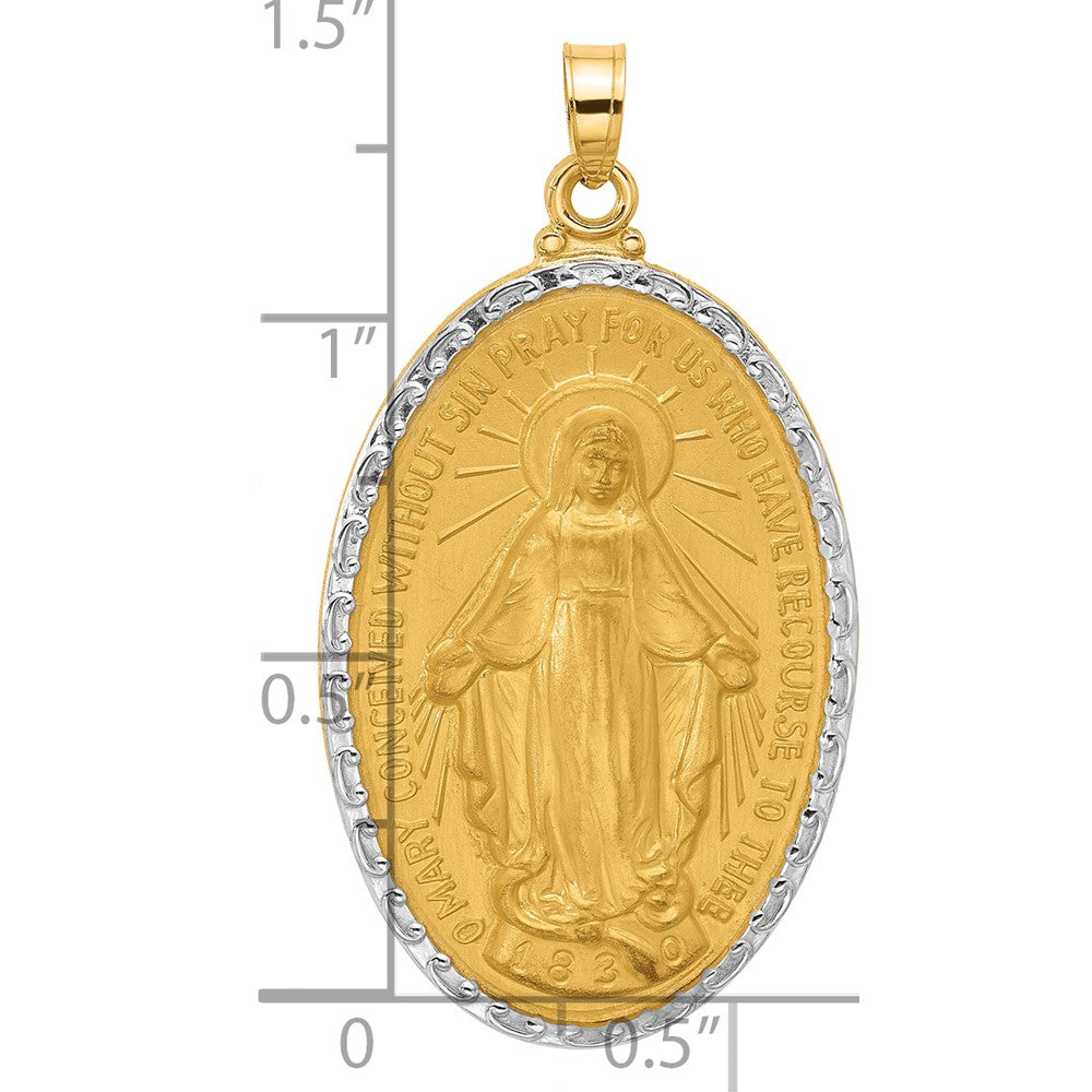 14K Yellow Gold and Rhodium Polished and Satin Solid Miraculous Medal Oval Pendant