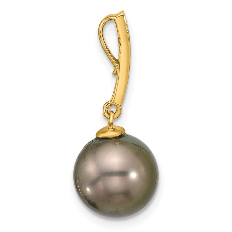 14K Yellow Gold 10-11mm Black Round Tahitian Saltwater Cultured Pearl and .07 Carat Diamond Dangle Chain Slide