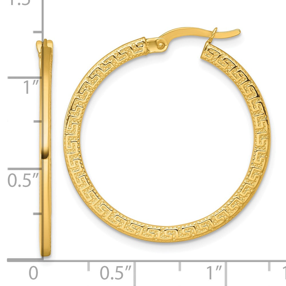 14K Yellow Gold Polished 1.5 x 30mm Textured Greek Key Hoop Earrings