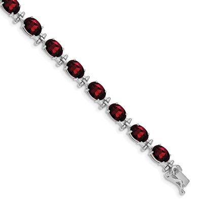 14K White Gold Complete Oval Garnet 7 Inch Bracelet