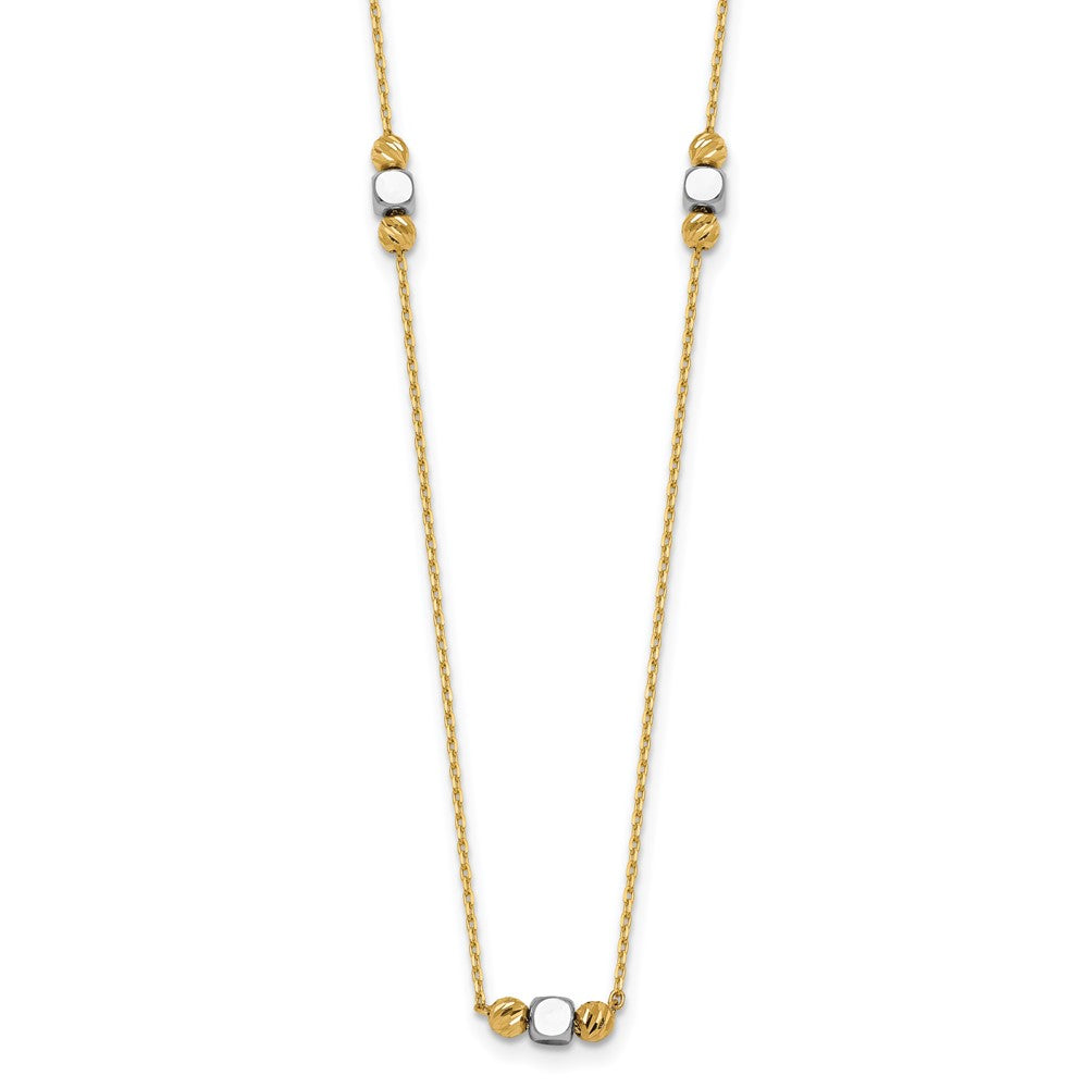 14K Two-Tone Gold Polished Diamond-cut and Square Bead 5-Station 16 Inch Necklace Plus 2 Inch Extender