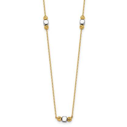 14K Two-Tone Gold Polished Diamond-cut and Square Bead 5-Station 16 Inch Necklace Plus 2 Inch Extender
