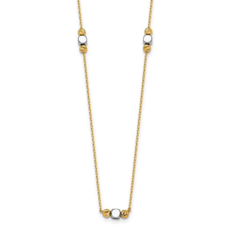 14K Two-Tone Gold Polished Diamond-cut and Square Bead 5-Station 16 Inch Necklace Plus 2 Inch Extender