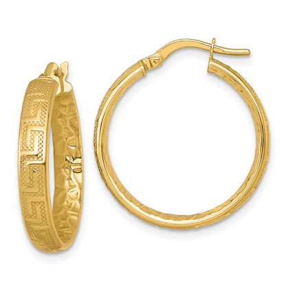 14K Yellow Gold Polished Greek Key Design Textured 4.00 x 24mm Tube Hoop Earrings