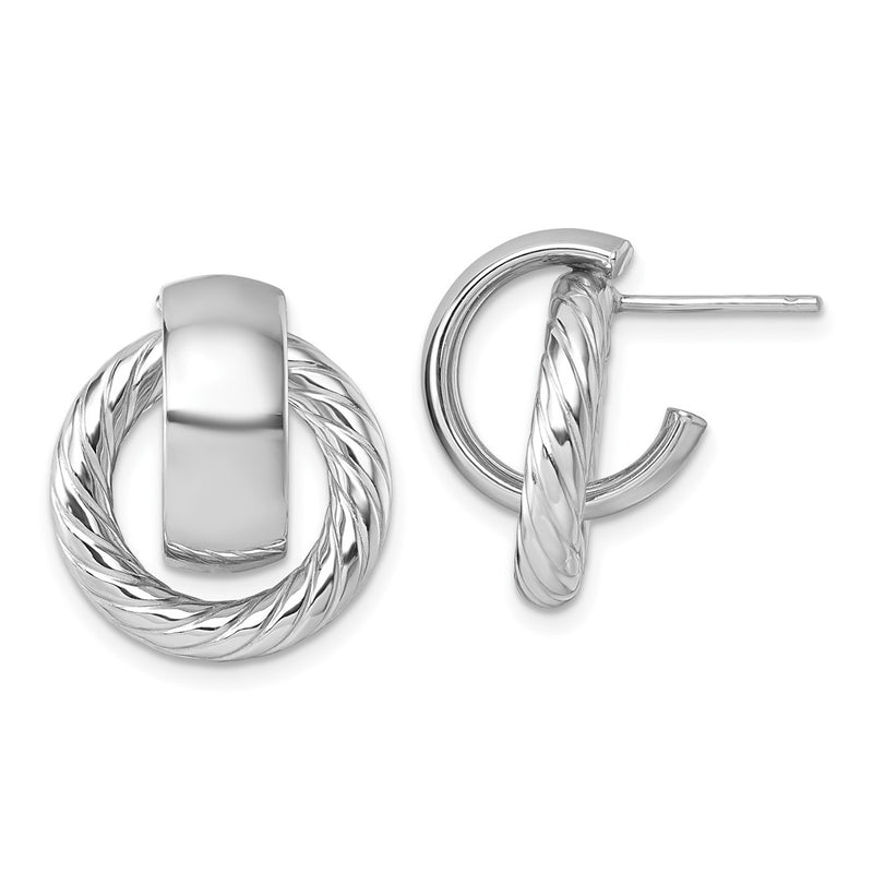 14K Yellow Gold with Rhodium Polished and Twisted Doorknocker C-Hoop Post Earrings