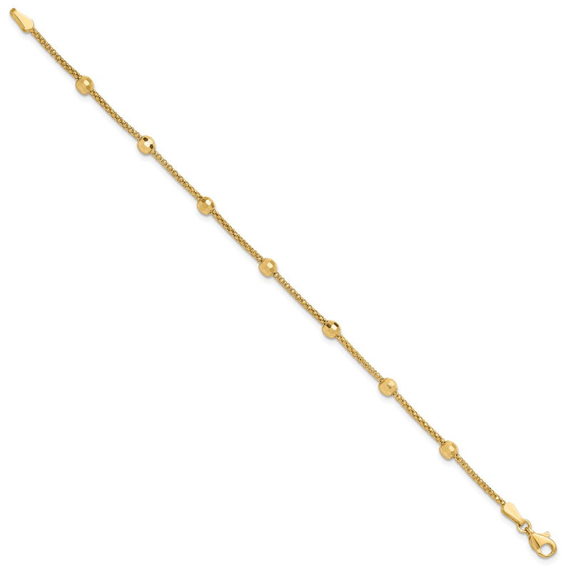 14K Yellow Gold Polished 7-Station Mirror Beads and Chain 7 Inch Bracelet