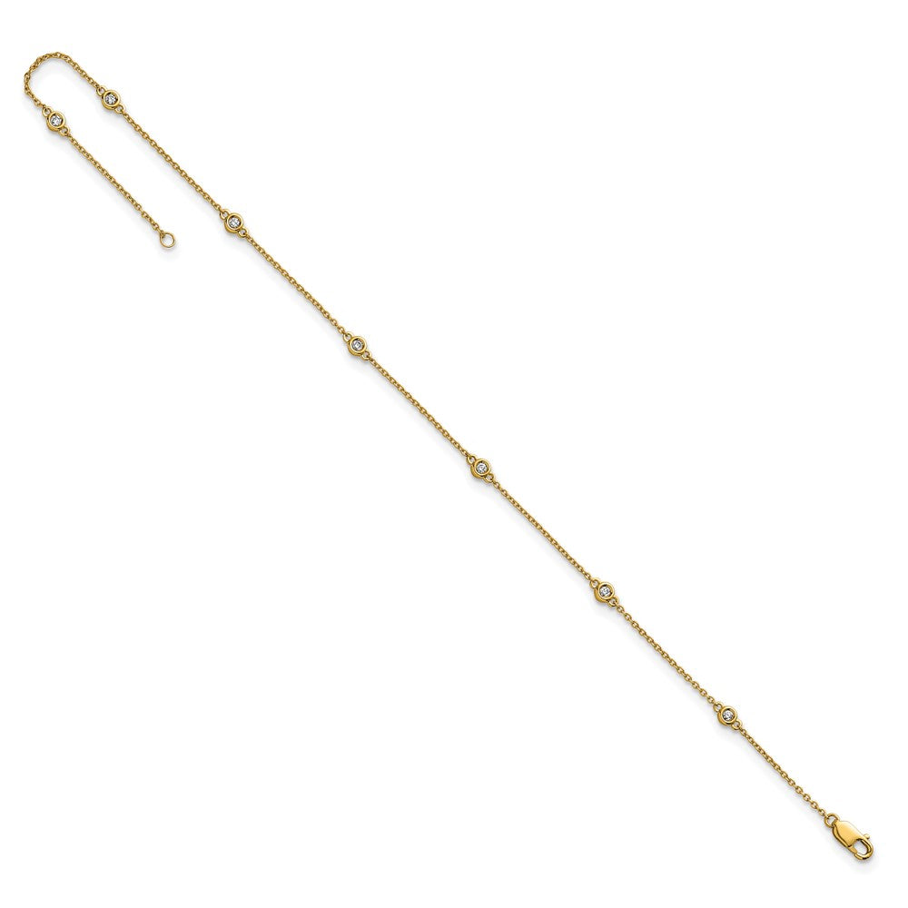 14K Yellow Gold Complete 1/6 carat Bezel-set Diamond and Cable Chain 7-Station 9 Inch Anklet