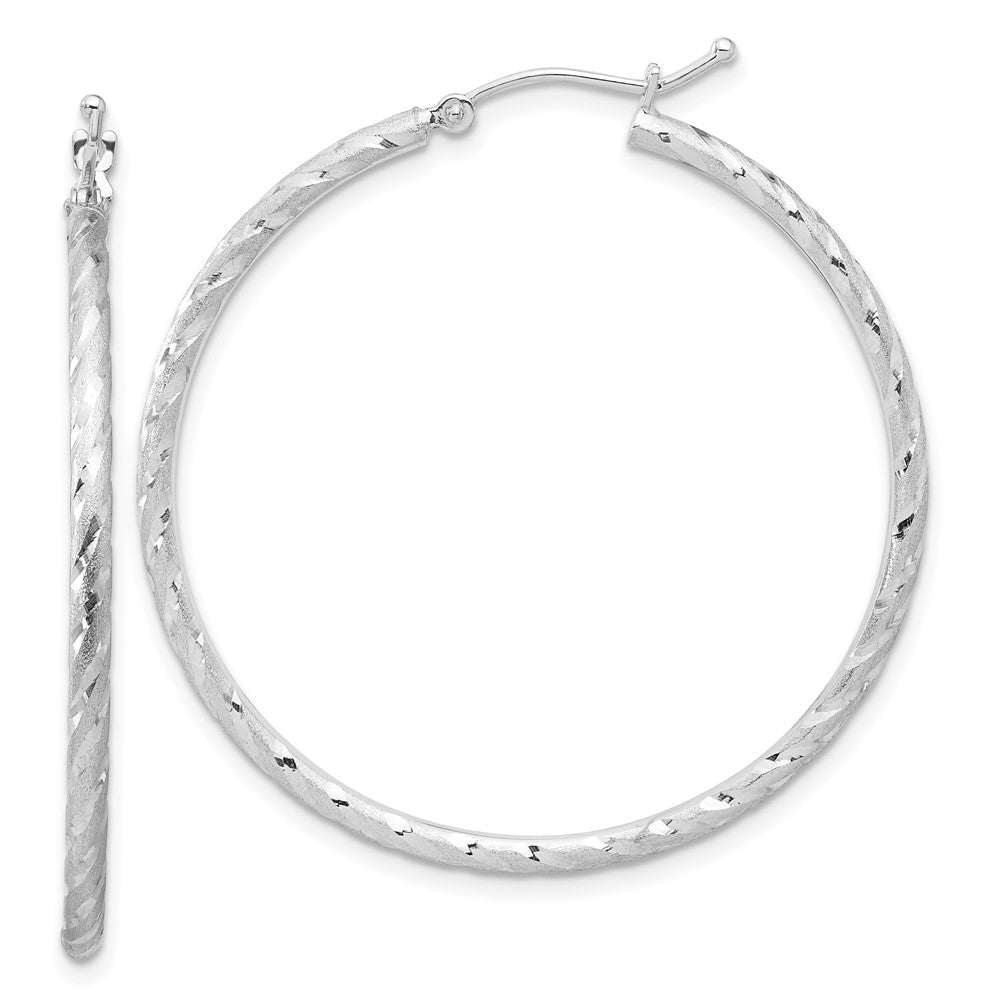 14K White Gold 2.00x40mm Polished and Satin Diamond-cut Twist Tube Hoop Earrings