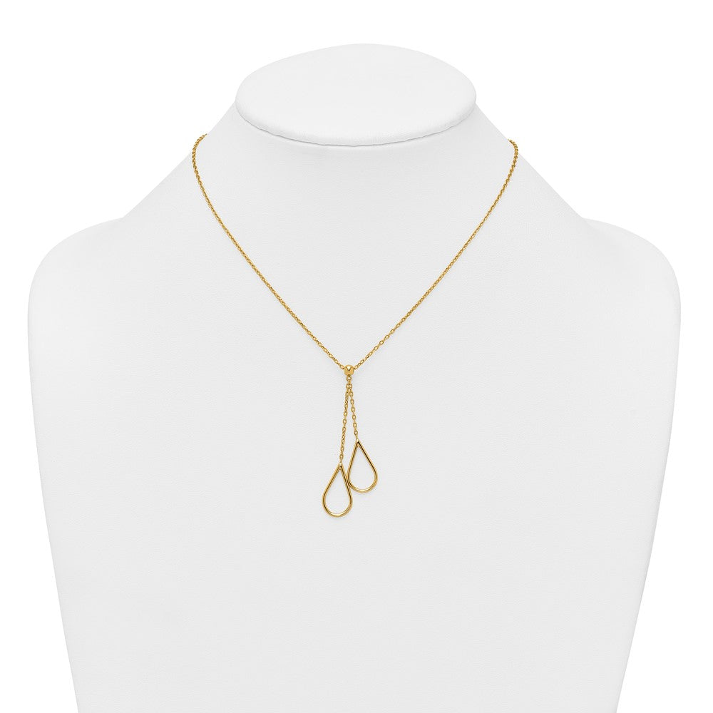 14K Yellow Gold Polished Two Teardrops Dangle 16 Inch Y-Necklace Plus 2 Inch Extender