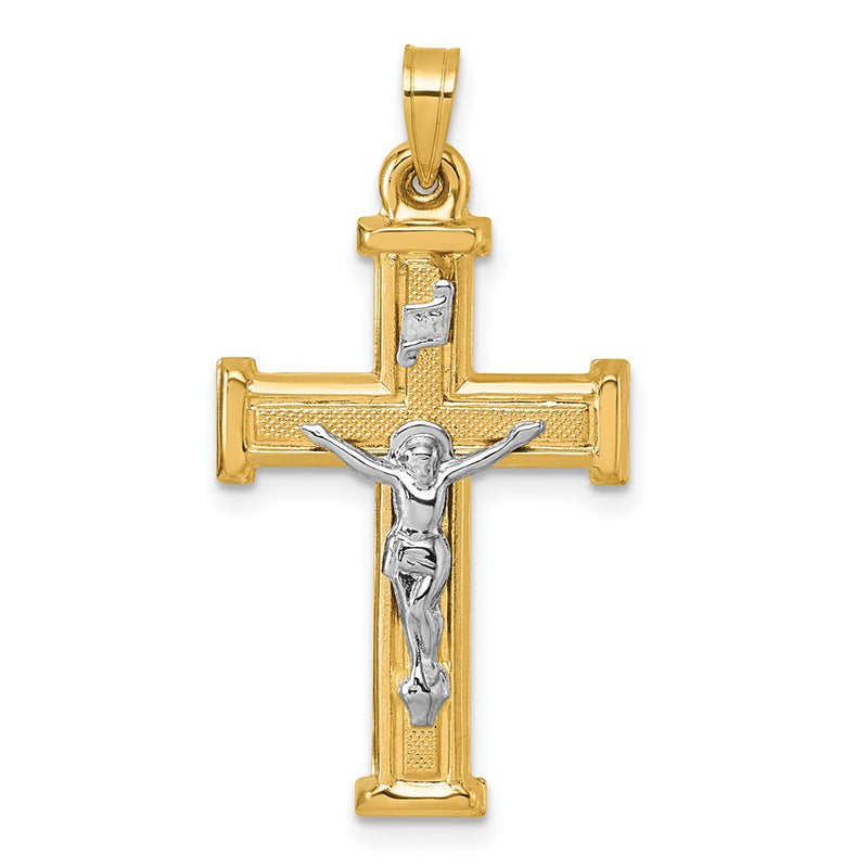 14K Yellow Gold with Rhodium Polished and Textured INRI Crucifix Cross Pendant