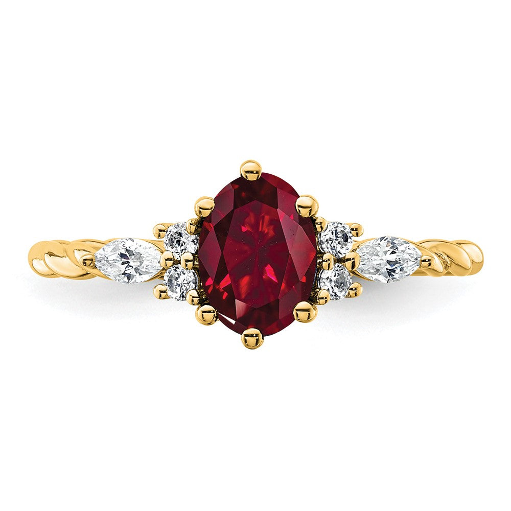 14K Yellow Gold Diamond and 7x5 Oval July/Lab Created Ruby Size 7 Twisted Ring