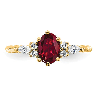 14K Yellow Gold Diamond and 7x5 Oval July/Lab Created Ruby Size 7 Twisted Ring
