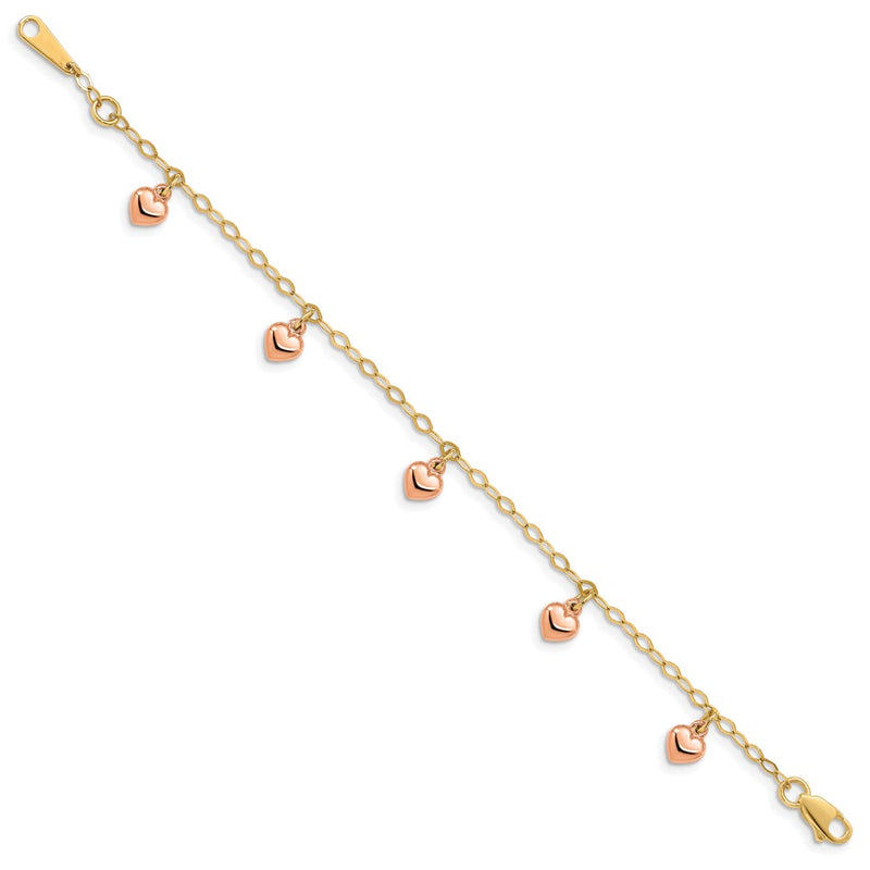 14K Yellow Gold with Rose Gold Hearts Child's Puffed Heart Charm Bracelet