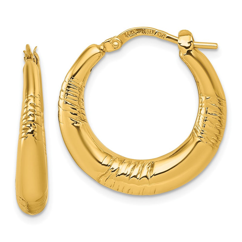 14K Yellow Gold Polished and Textured 4.6mm x 23mm Puffed Round Hoop Earrings