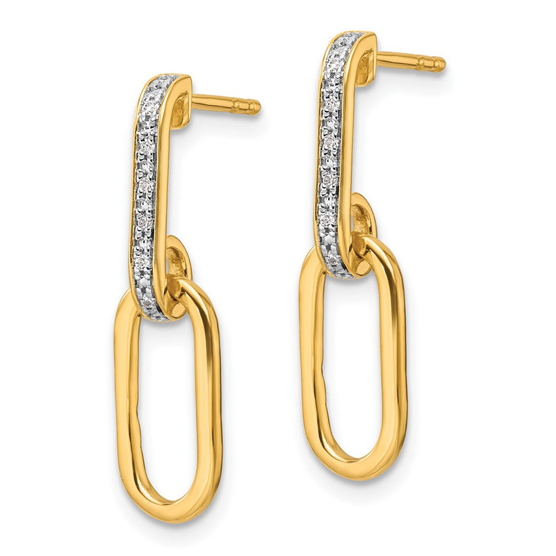 14K Yellow Gold Polished 1/20 carat Diamond Paperclip Link Dangle Post Earrings
