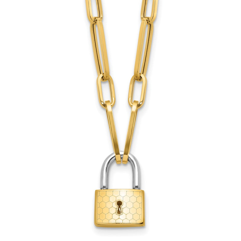 14K Two-Tone Gold Two-tone Fancy Link with Lock Dangle 18.25 Inch Necklace