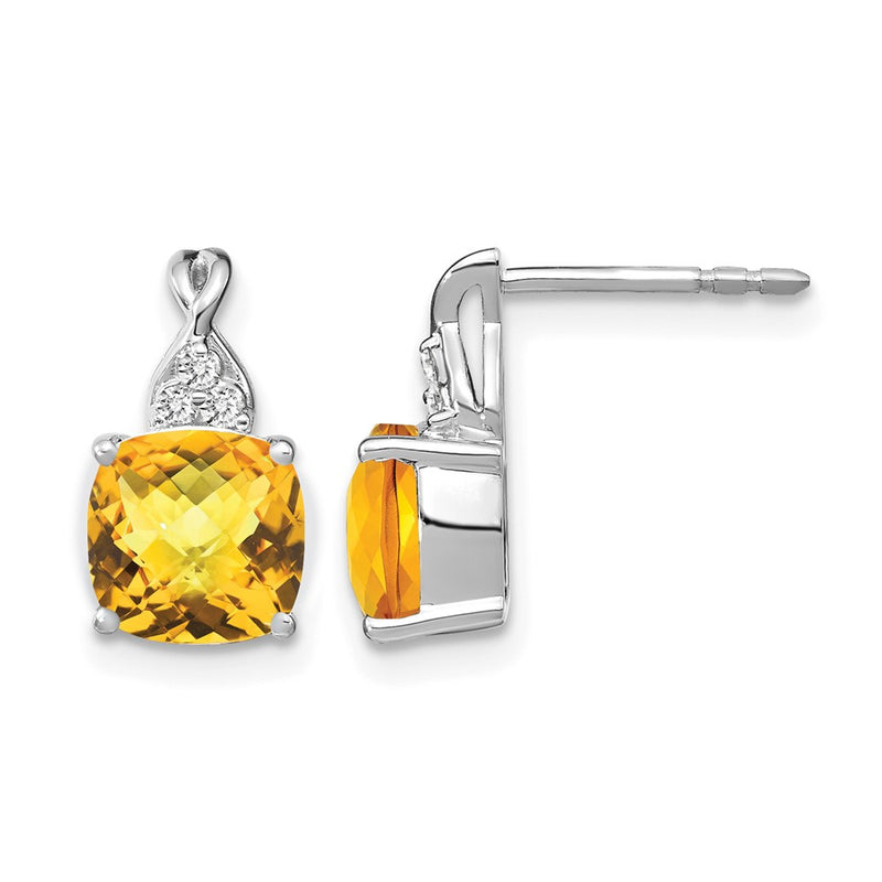 14K White Gold 7mm Cushion Checkerboard November/Citrine and Diamond Post Earrings
