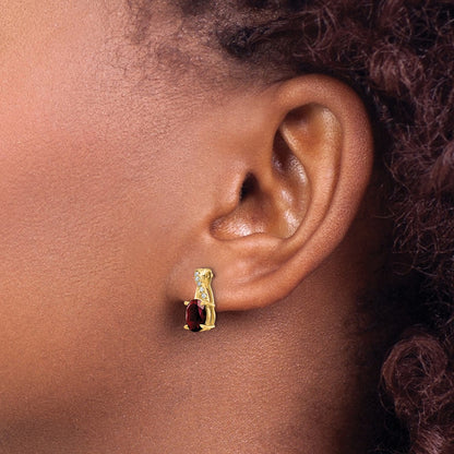 14K Yellow Gold 7x5 Oval January/Garnet and Diamond Post Earrings