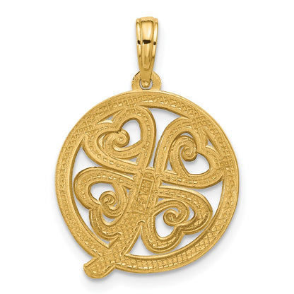 14K Yellow Gold Polished Four Leaf Clover in Circle Pendant