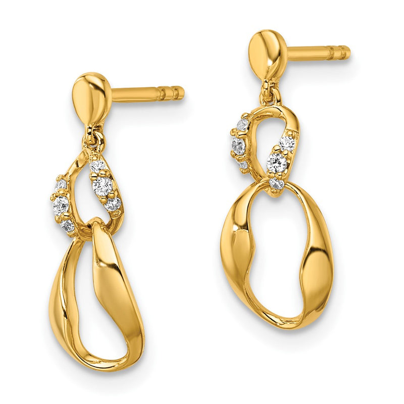 14K Yellow Gold Polished 1/15 carat Diamond Wavy Oval Dangle Post Earrings