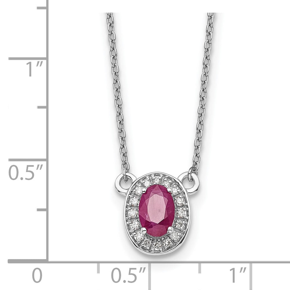 14K White Gold Diamond and 6x4mm Oval Ruby Halo 18 Inch Necklace